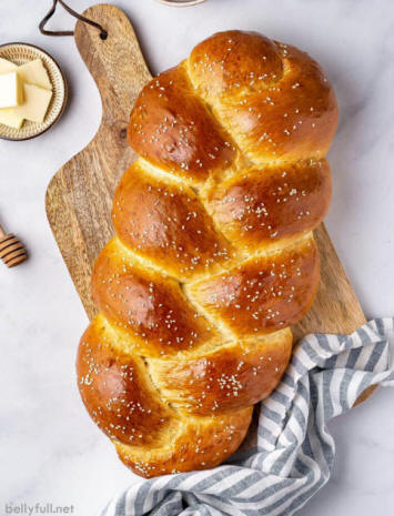 overhead whole loaf of 3 strand braided challah bread